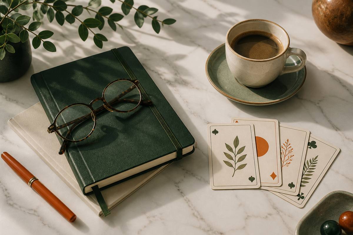 Notebook and cards on a desk, editorial still life